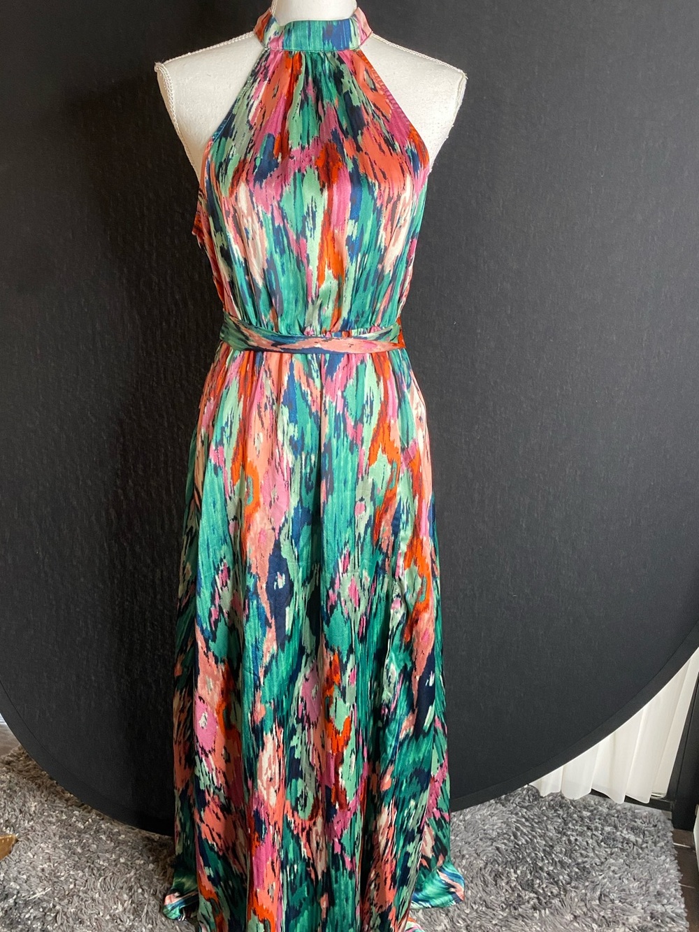 SHEIN Halter Maxi Dress in Green, Pink & Orange Abstract Print